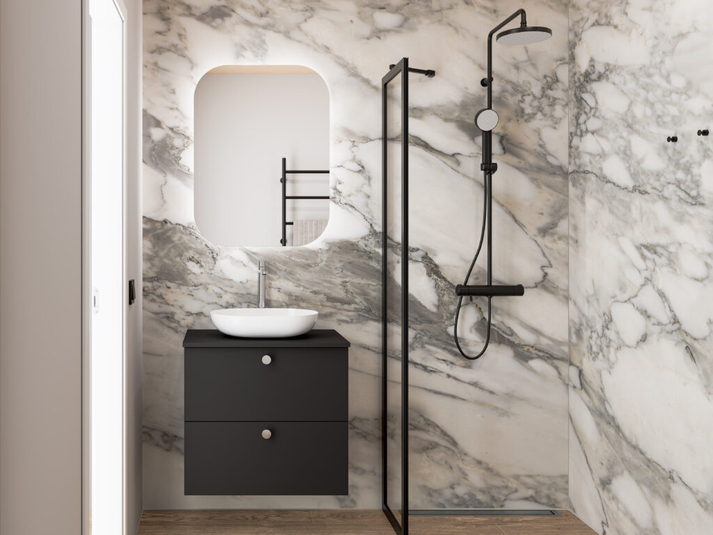 Temal kylpyhuone, marmoriseinät, mattamusta Design-allaskaluste, Aatos-emaliallas, malja-allas, suihkuseinä, musta suiihku