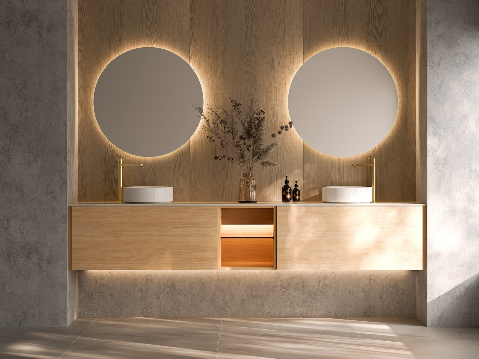 TEMAL kylpyhuone, Design, skandinaavinen kylpyhuone, iso allaskaappi, pyöreä peili,