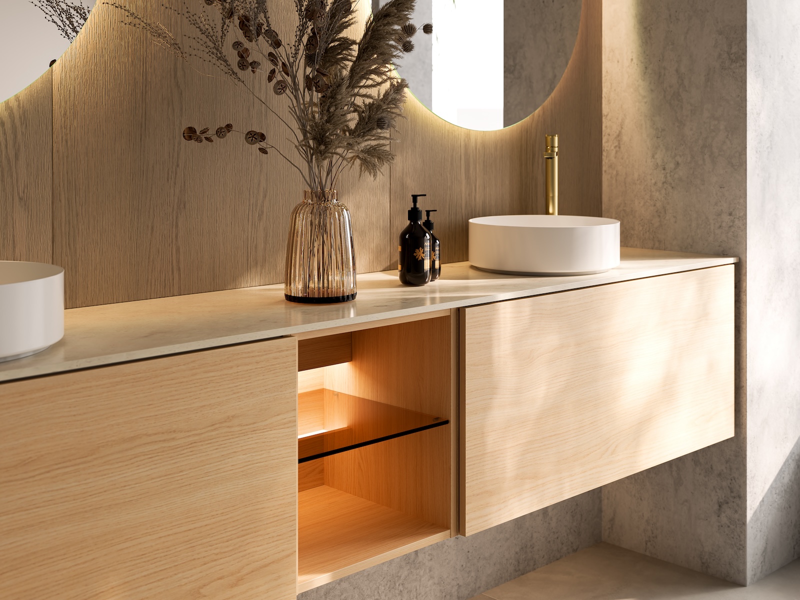 TEMAL kylpyhuone, Design, skandinaavinen kylpyhuone, vaalea tammi, allaskaappi