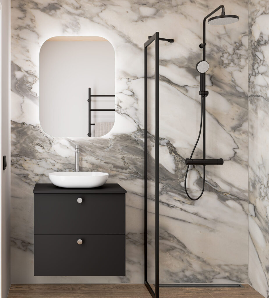 TEMAL kylpyhuone, Design, skandinaavinen kylpyhuone, mattamusta allaskaappi, Aatos, emaliallas, marmorinen kylpyhuone
