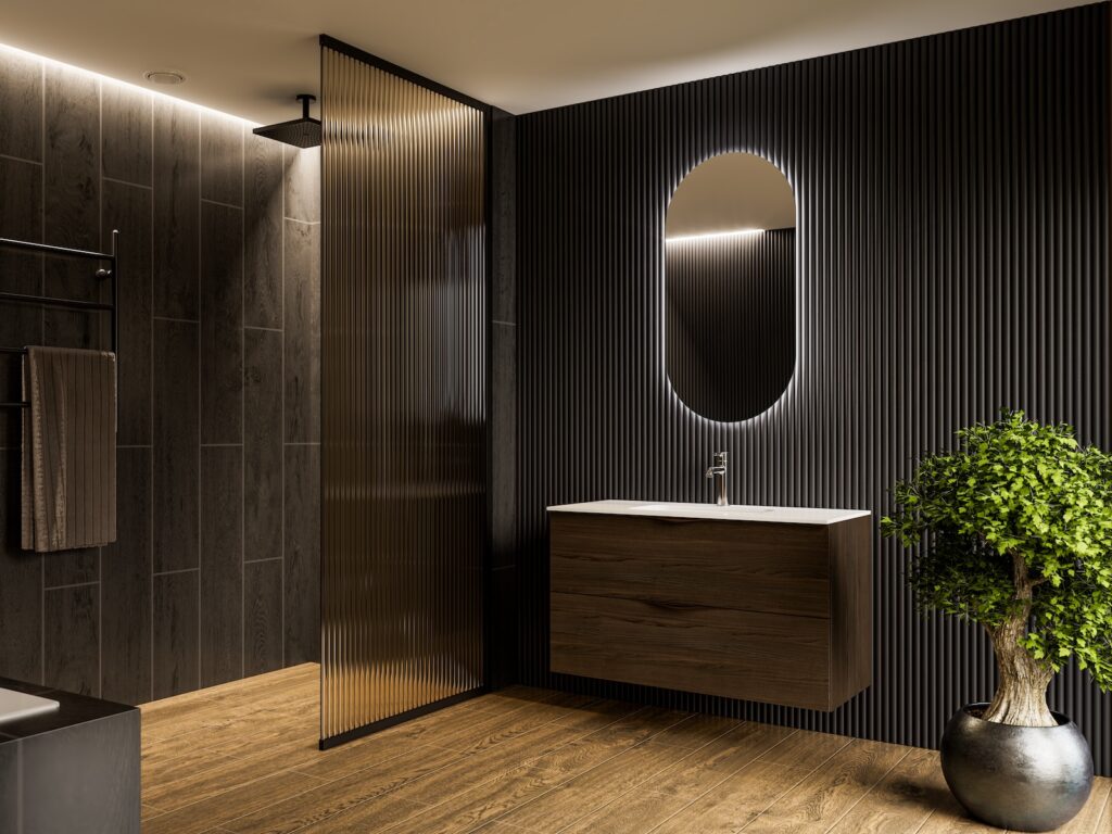TEMAL kylpyhuone, Design, skandinaavinen kylpyhuone, tumma puu, allaskaappi, soikea valopeili, musta suihku