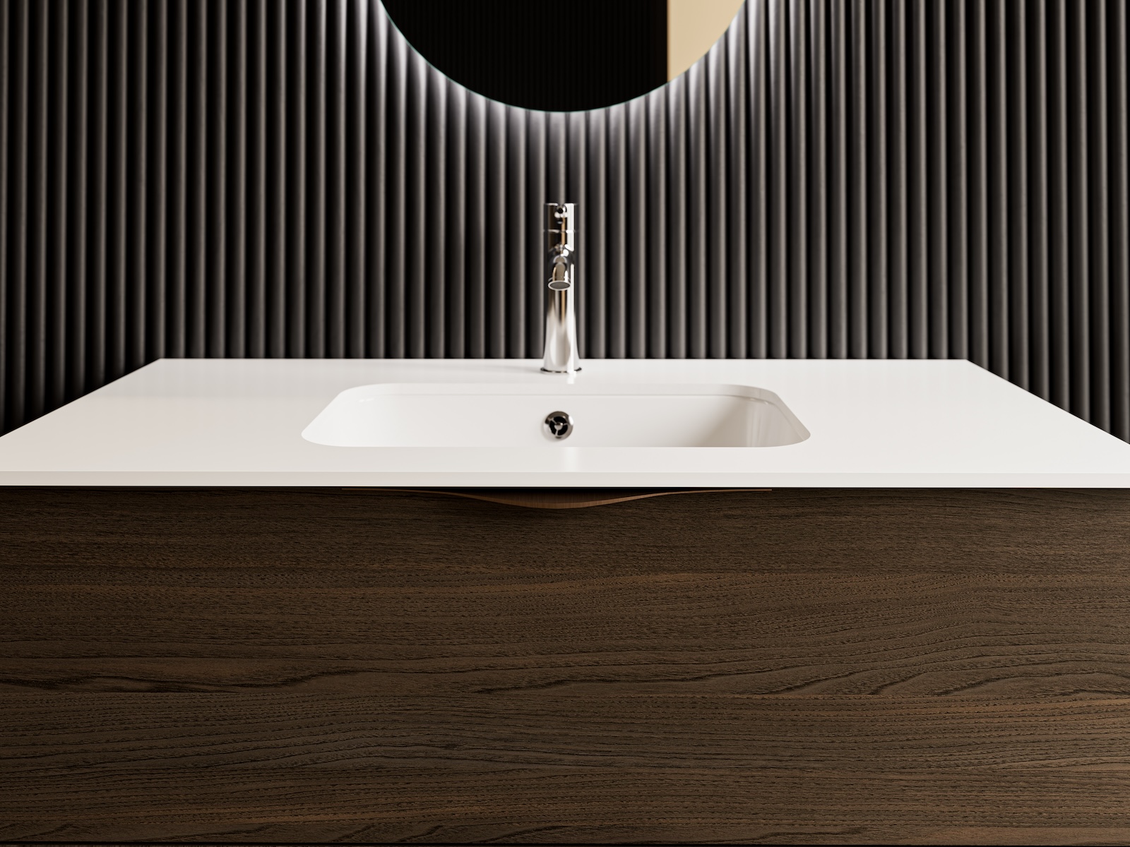 TEMAL kylpyhuone, Design, skandinaavinen kylpyhuone, valkoinen alta liimattava allas, tumma puu, lähikuva