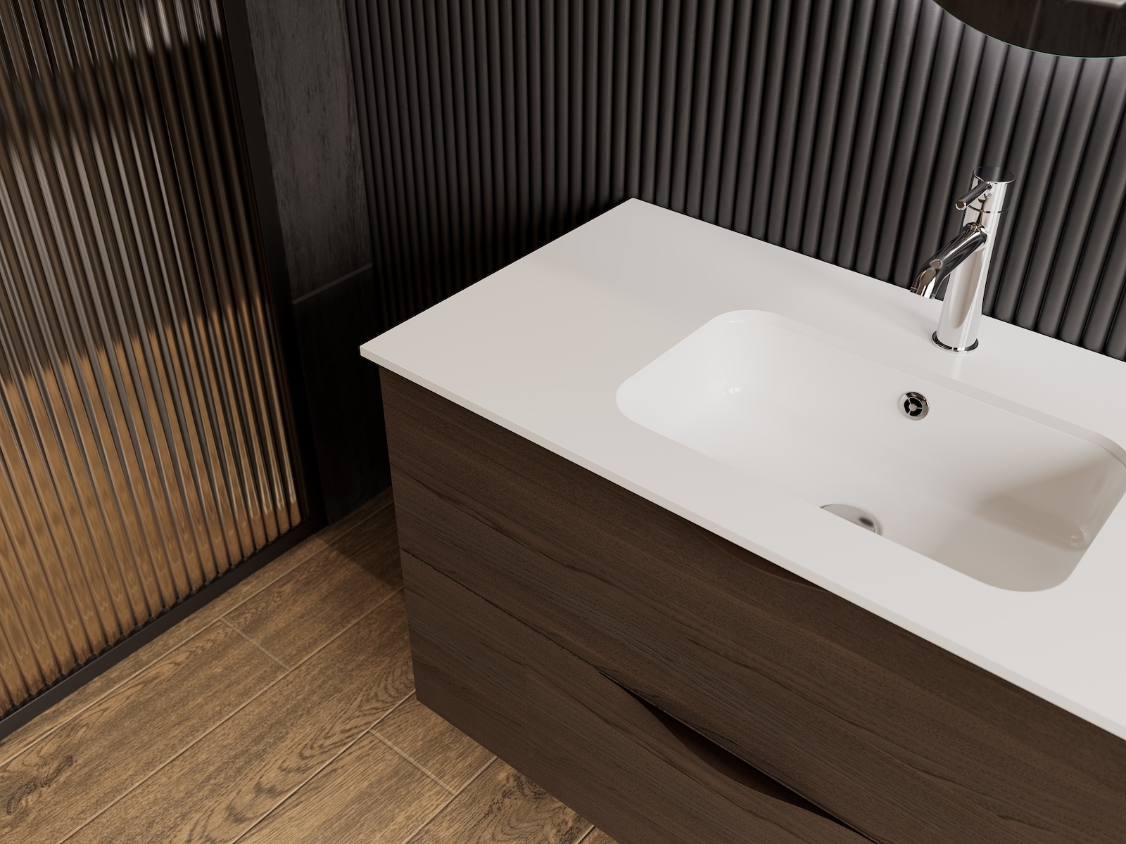 TEMAL kylpyhuone, Design, skandinaavinen kylpyhuone, allaskaappi, valkoinen pesuallas, tumma puu