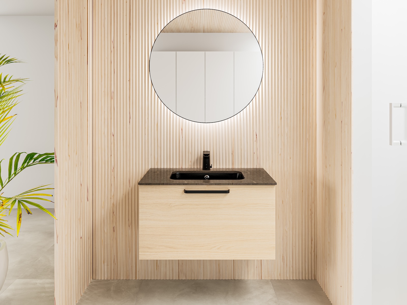 Temal kylpyhuone, Design, pyöreä peili, tamminen allaskaappi, skandinaavinen kylpyhuone, musta allas