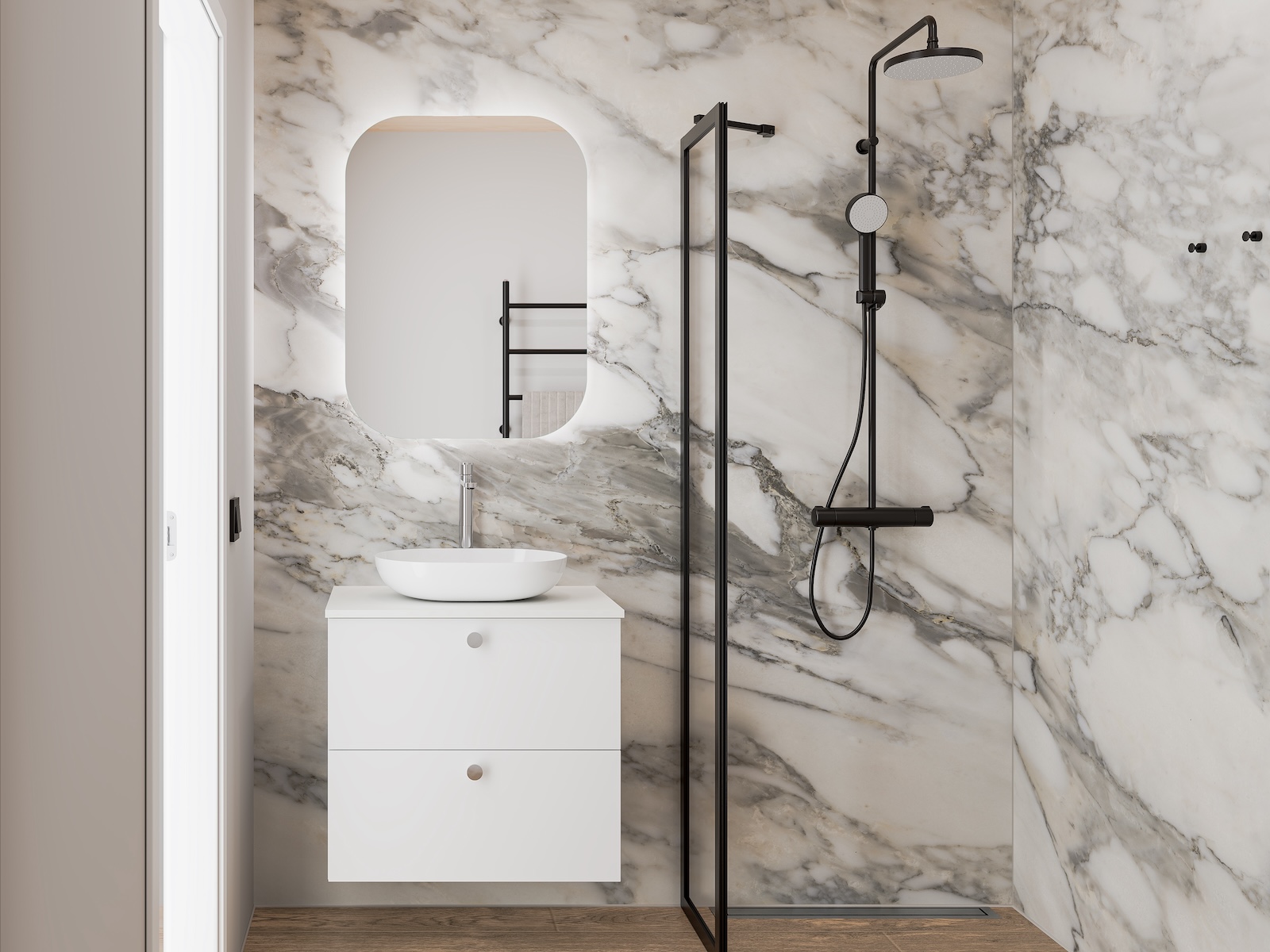 Temal kylpyhuone, valkoinen kylpyhuone, marmoriseinä, emaliallas, Design-sarja, allaskaappi, valopeili, suihku