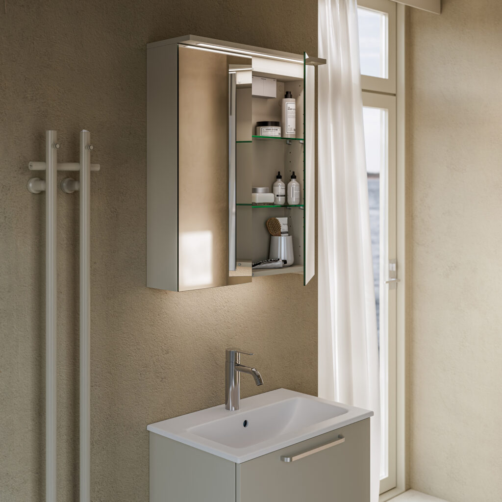 Temal Unic-peilikaappi greigen värisenä yhdessä greigen Astra-allaskaapin kanssa. Astra-allaskaapissa posliiniallas