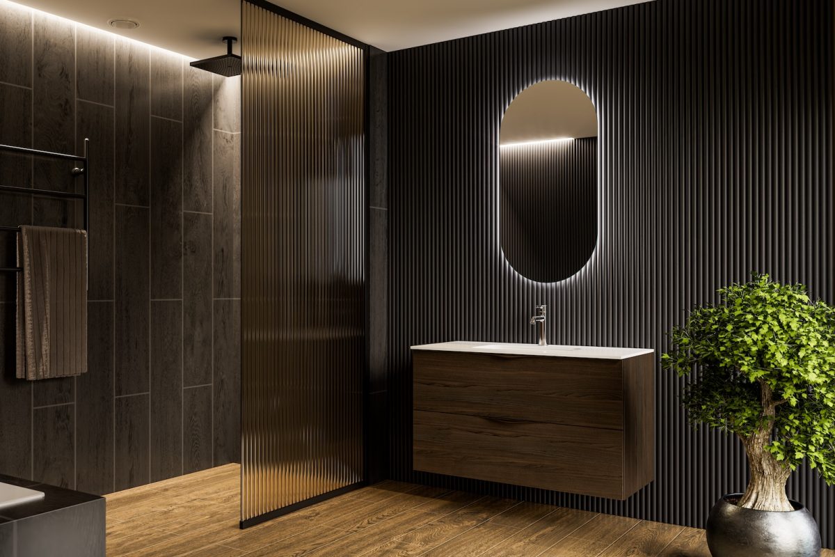 TEMAL kylpyhuone, Design, skandinaavinen kylpyhuone, tumma puu, allaskaappi, soikea valopeili, musta suihku