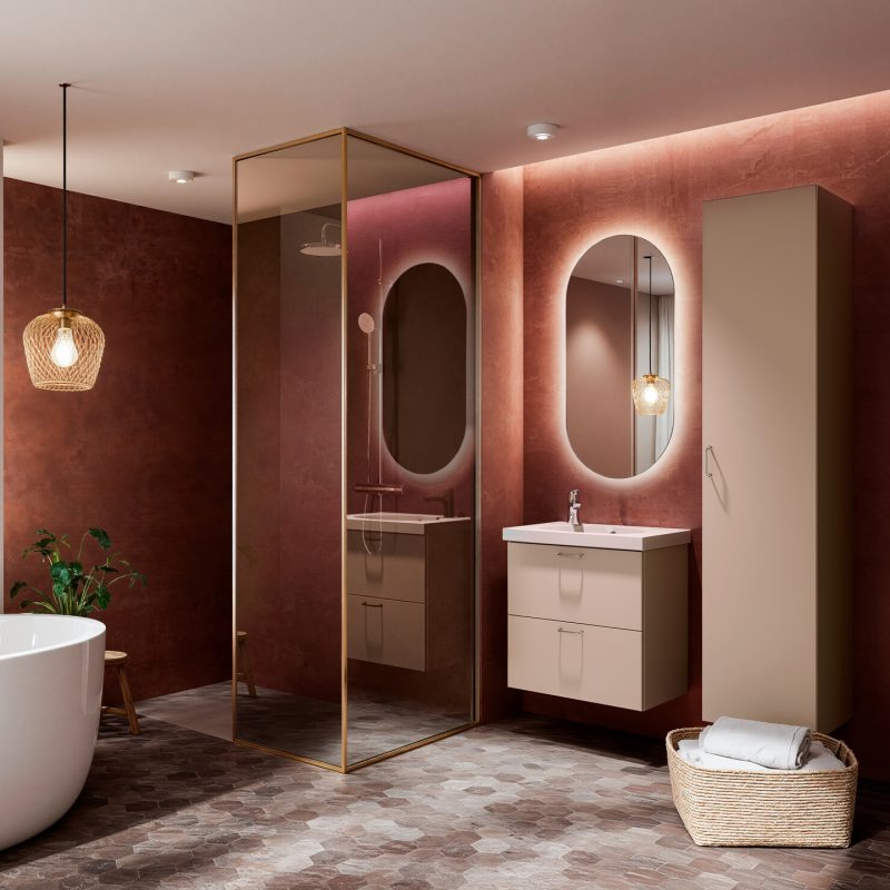 Temal Trend allaskaappi, korkea kaappi, valopeili, greige värimaailma viimeistelee tunnelman