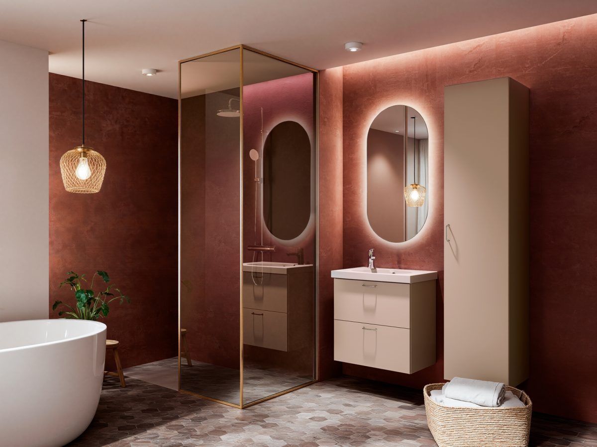 Temal Trend allaskaappi, korkea kaappi, valopeili, greige värimaailma viimeistelee tunnelman